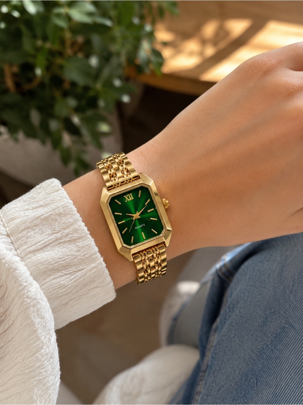Gold-Tone Bracelet Watch with Green Dial